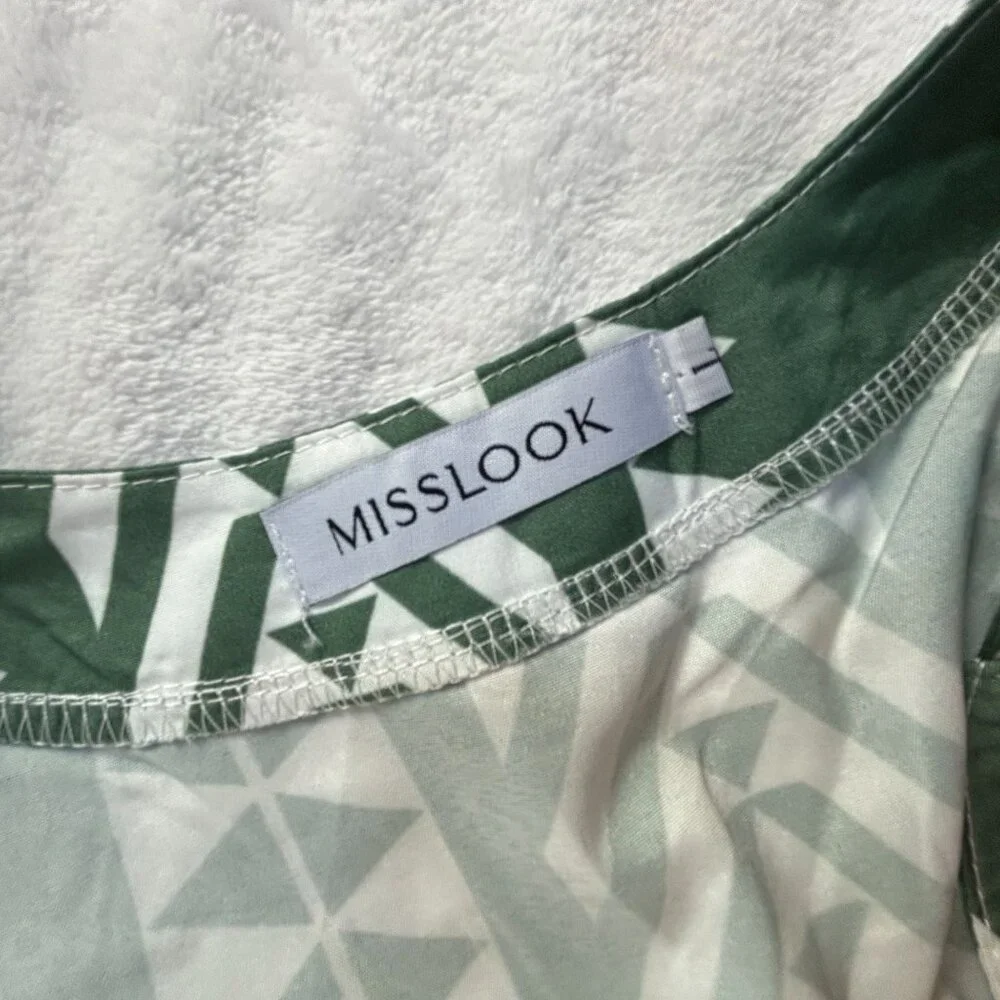 Misslook Womens Green & White Aztec Print 3/4 Sleeve Tiered Shift Dress Large - Picture 3 of 8